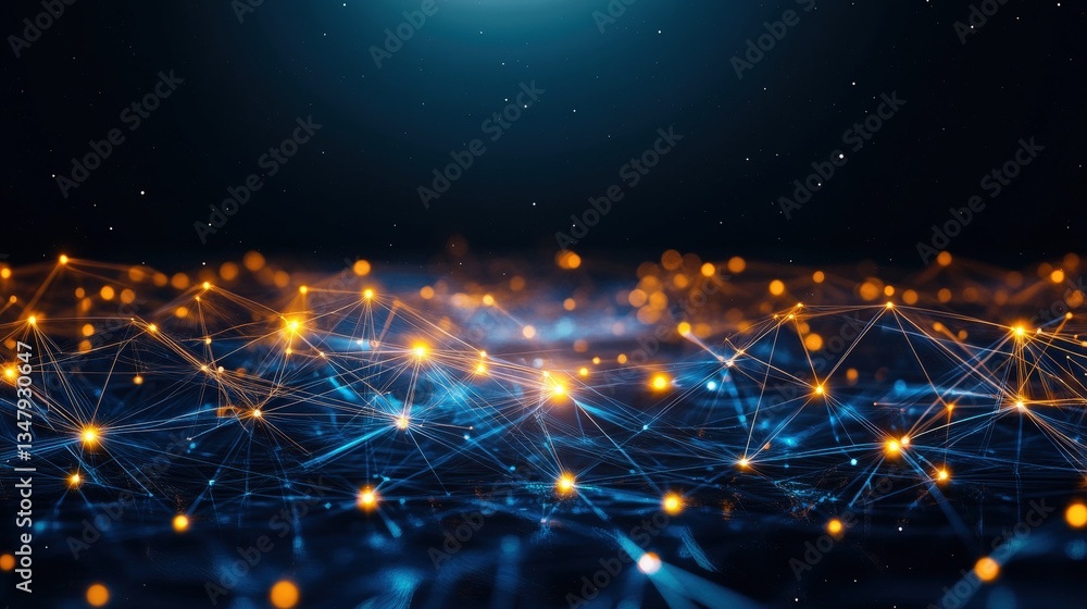 Poster abstract digital illustration of interconnected nodes in glowing orange and blue colors resembling a