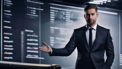 Confident CEO Presenting Business Strategy in a High-Tech Environment