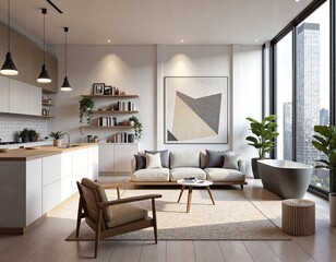 Chic contemporary living room with urban views