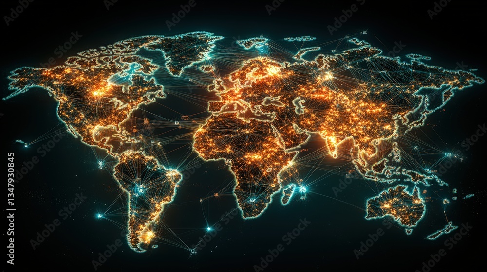 Poster stylized world map with interconnected nodes and glowing lights representing global connectivity and