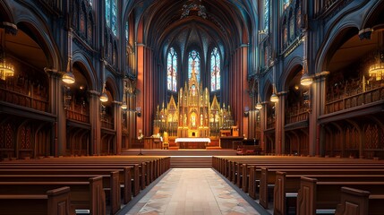 Obraz premium Majestic interior of a grand church. Ornate wooden pews, stained-glass windows, and a gold altar create an awe-inspiring atmosphere of faith and reverence. Sunlight streams through the high windows.