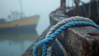 Fototapeta premium Frosty Harbor: A Close-Up of a Frozen Rope on a Misty Dock with a Blurred Fishing Vessel in the Background