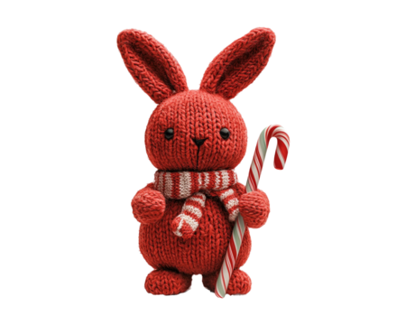 Cute Hand-Knitted Red Bunny Holding a Candy Cane with a Striped Scarf