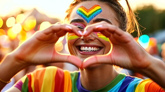 A passionate pride activist holds a heart symbol aloft under the radiant sun.