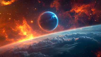 Obraz premium Dramatic Cosmic Scene of Blue Planet in Fiery Nebula Space