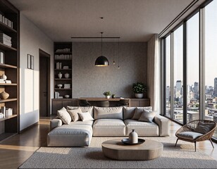 Modern living room with city skyline views