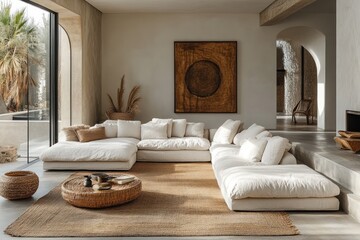 Modern, minimalist, neutral-toned living room with sectional sofa, featuring an abstract art piece, and outdoor views