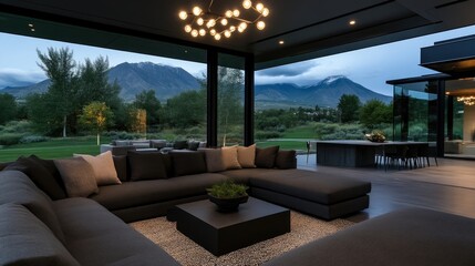 Fototapeta premium Modern open-plan living space with panoramic mountain views
