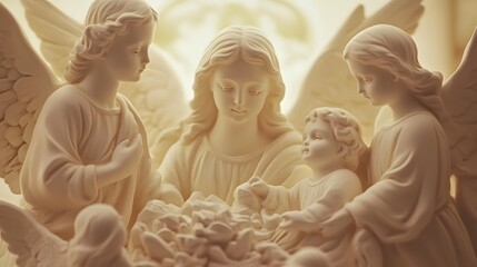 Four cherubic angel figurines, crafted from ivory-toned resin, surround a floral centerpiece.  Their serene expressions and delicate wings create a peaceful and heavenly scene.