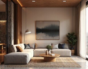 Cozy minimalist living room with serene color palette