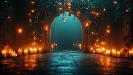 Fototapeta premium Romantic Archway Pathway Lit By Candles And Roses