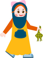 girls wearing hijabs carrying ketupat