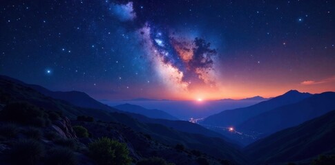 Celestial expanse stretches above vast dark landscape, stars twinkling like diamonds in the distance, starry, space