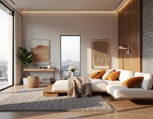 Modern cozy living room with city view and warm tones