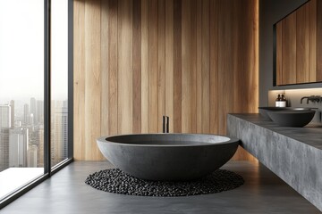 Modern city view bathroom with freestanding stone bathtub