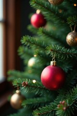 Fototapeta premium Christmas tree branch details with pinecones and ornaments, Christmas tree branches, outdoors, rustic