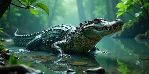 Obraz premium Colossal crocodile looming over murky waters , swamp, murky, crocodiles