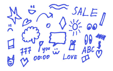 Abstract blue hand drawn shapes and words kids drawings
Vector shapes set