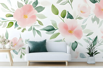 Elegant interior design featuring floral wallpaper and minimalist furniture