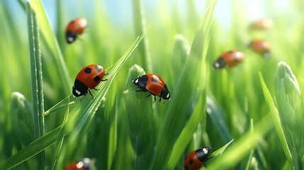 Obraz premium Ladybugs in vibrant green grass enjoying springtime