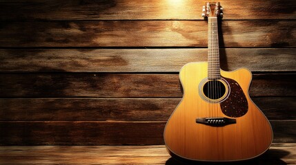 A beautifully crafted acoustic guitar resting on a rustic wooden surface with warm ambient lighting.