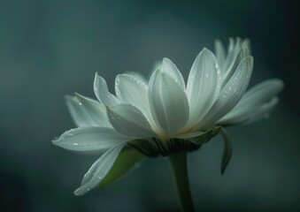 Fototapeta premium Serene white flower with dewdrops in a tranquil setting.
