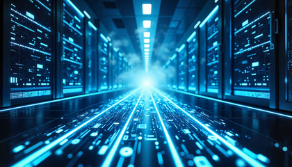 Fototapeta premium Digital data flow in a high-tech server room illuminated by blue light 