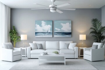 Fototapeta premium Coastal living room interior with white furniture and ocean art