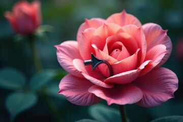 Curved metallic arrow piercing through a blooming flower , abstract, arrows, metal