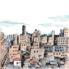 水彩で描いた昭和レトロな東京の街並み　ベクターイラスト　手描き　正方形　ポスター　カード　余白