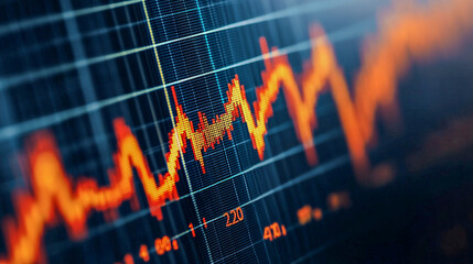 A close-up of a digital graph displaying fluctuating data trends in vibrant orange against a dark grid background, symbolizing analytics and financial metrics.