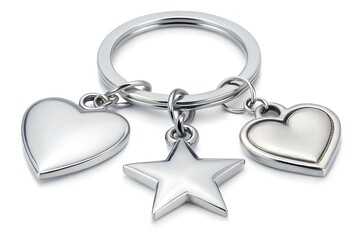 Silver keychain with heart and star charms isolated on white background