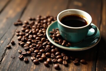 Fototapeta premium Coffee beans scattered on a vintage wooden table amidst an espresso cup , beans, espresso