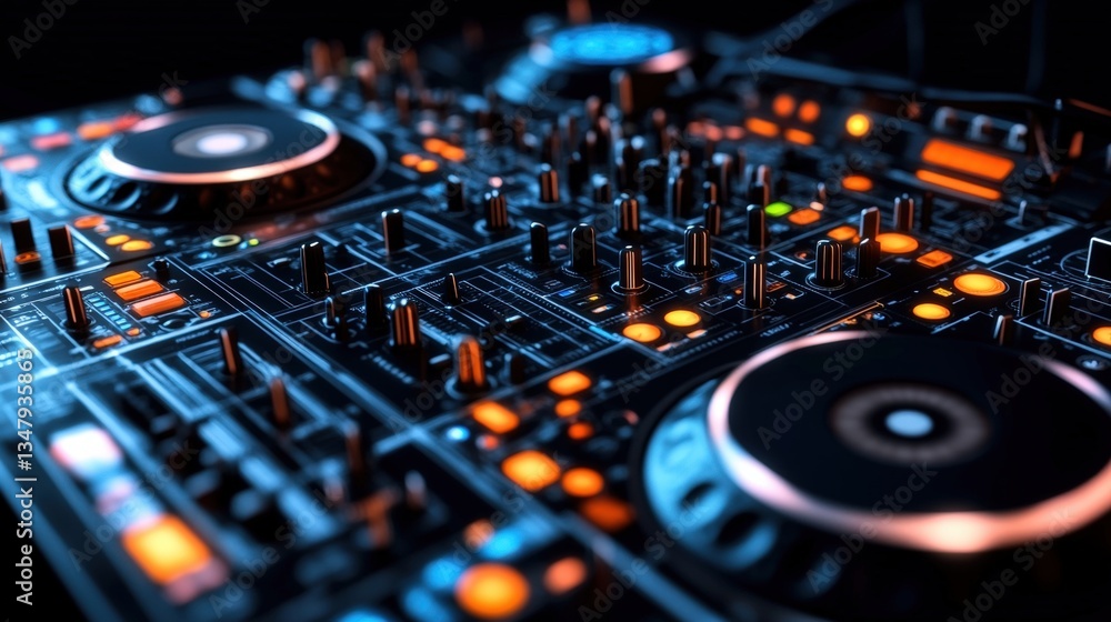Poster close-up view of a professional dj mixer console with illuminated buttons knobs and platters set aga