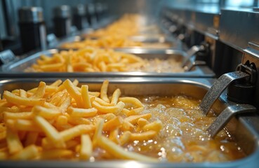 French fries deep frying in hot oil, commercial metal fryer in restaurant kitchen. Cooking process of fast food potato chips. Crispy golden fried potatoes ready to eat.