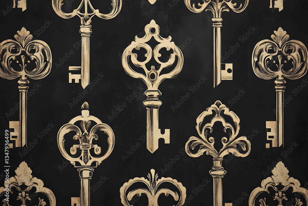 Poster elegant golden antique keys on a dark background for security and secrets