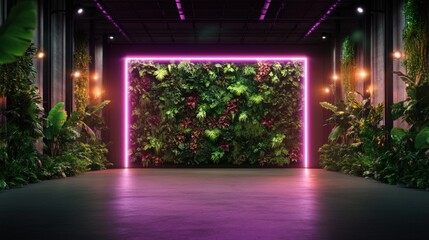 Lush Vertical Garden Framed by Bright Pink Neon Square in Sleek Dark Interior with Polished Concrete Floors and Ambient Lighting Surrounding It