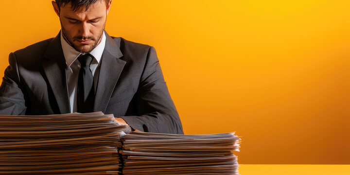 The detective is studying the paperwork behind the desk. A tax inspector, checking, auditing reports.