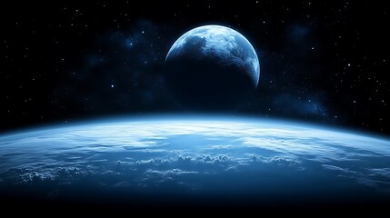 Celestial Blue Planet With Moon And Distant Stars