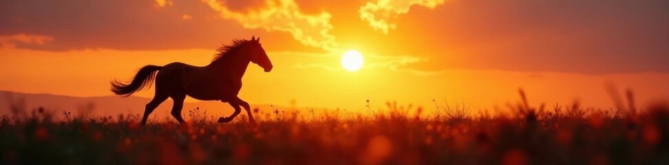 Fototapeta premium Dark silhouette of horse running in open field at dawn, movement, outdoor, silhouette