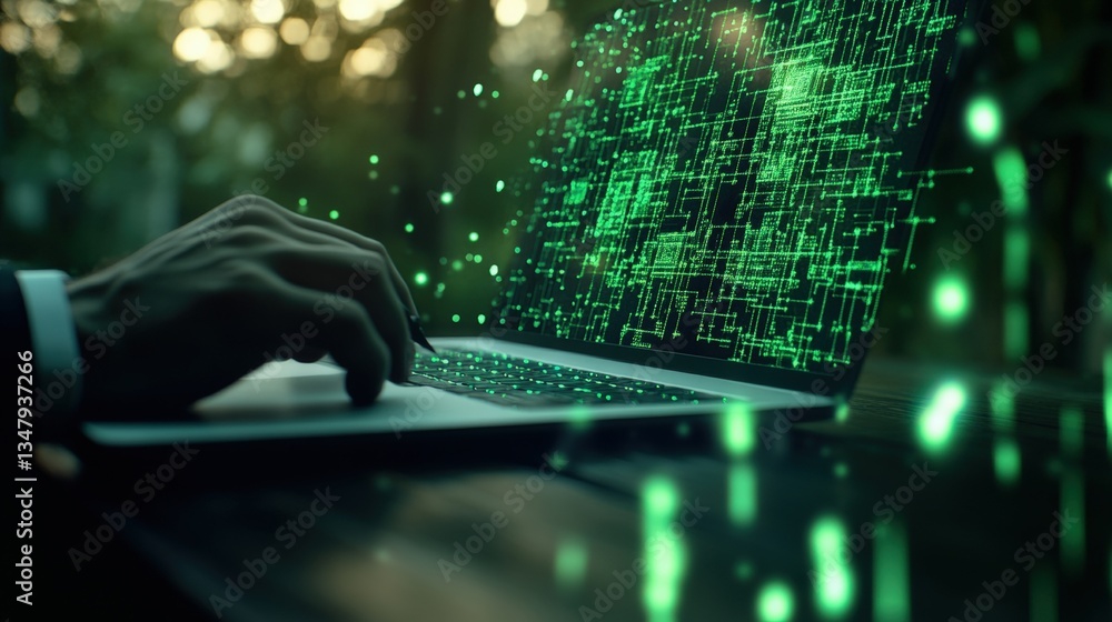 Aufkleber close-up of hands using laptop with holographic green circuit board design emanating from the screen