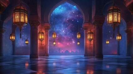 Nighttime Palace Courtyard Illuminated by Lanterns Under Starry Sky