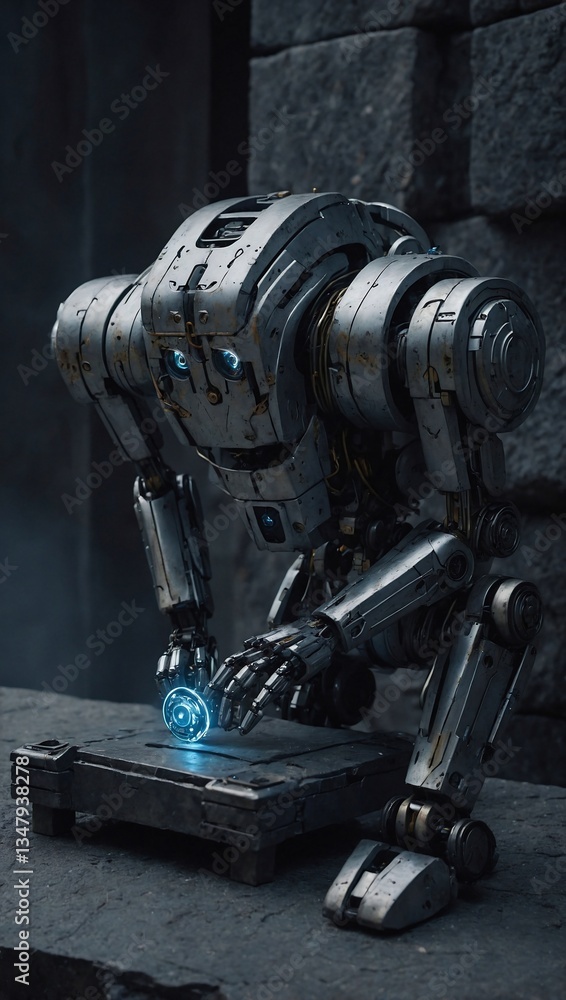 Poster gothic ai robot unlocking secrets on a stone base