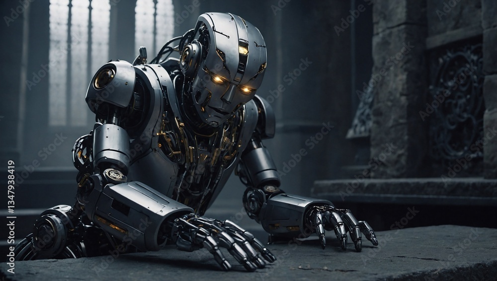 Poster gothic ai robot unlocking secrets on a stone base