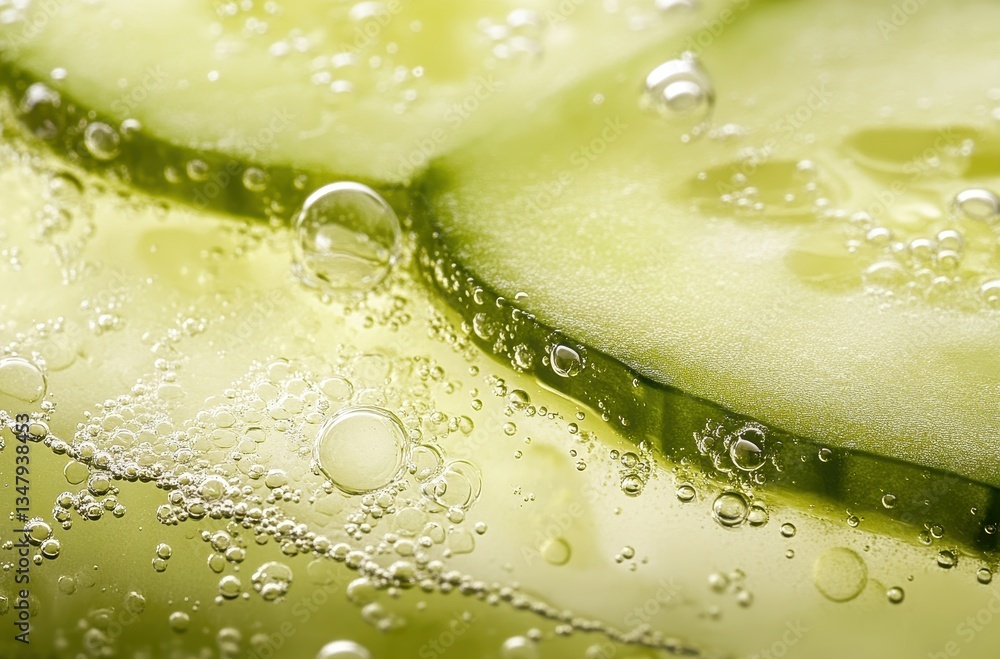 Aufkleber close-up of fresh cucumber slices in sparkling water with air bubbles creating a refreshing and live