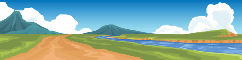Landscape with a dirt road leading towards distant hills. A river winds through a green field, and fluffy white clouds dot a bright blue sky. Suggesting a peaceful journey.