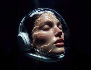 Ethereal Woman in Futuristic Helmet Immersed in Cosmic Depths, Radiating Serene Beauty and Tranquility Generative AI