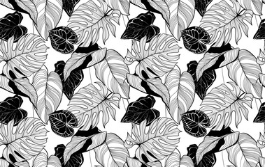 Seamless leaves pattern. Doodle exotic leaves pattern