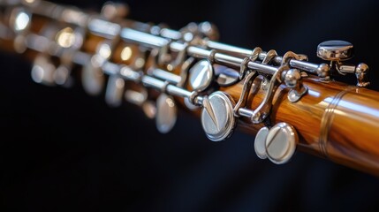 Obraz premium A detailed shot of an oboe with its intricate silver keys and elegant wooden body.