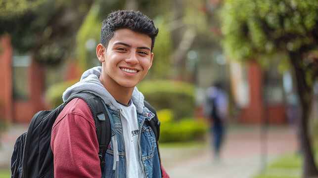Estudiante latino sonriente en campus universitario